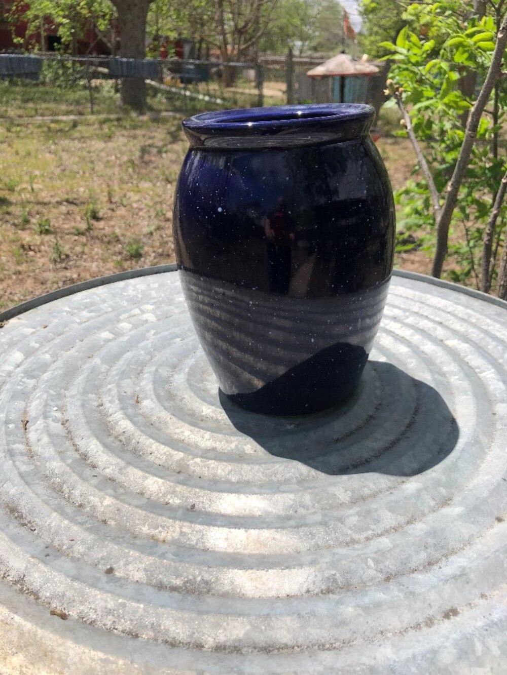 Blue Ceramic Glazed Jar or Vase with White Speckling